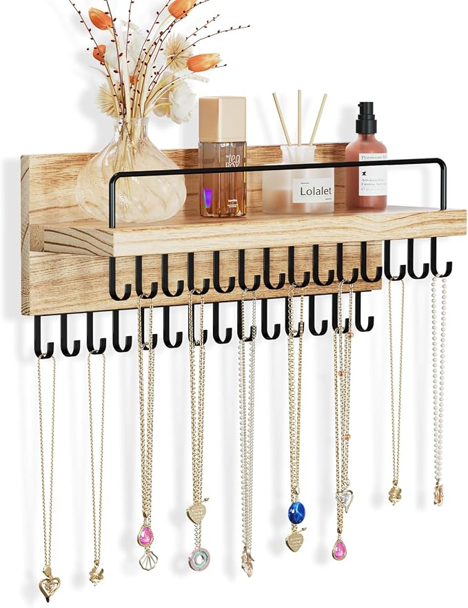 Lolalet Necklace Holder for Wall, Hanging Jewelry Organizer -Black | 28 Hooks Wooden Wall Mount Jewelry Organizer with Perfume Shelf, Holds Necklaces, Bracelets & Accessories, Tangle-Free