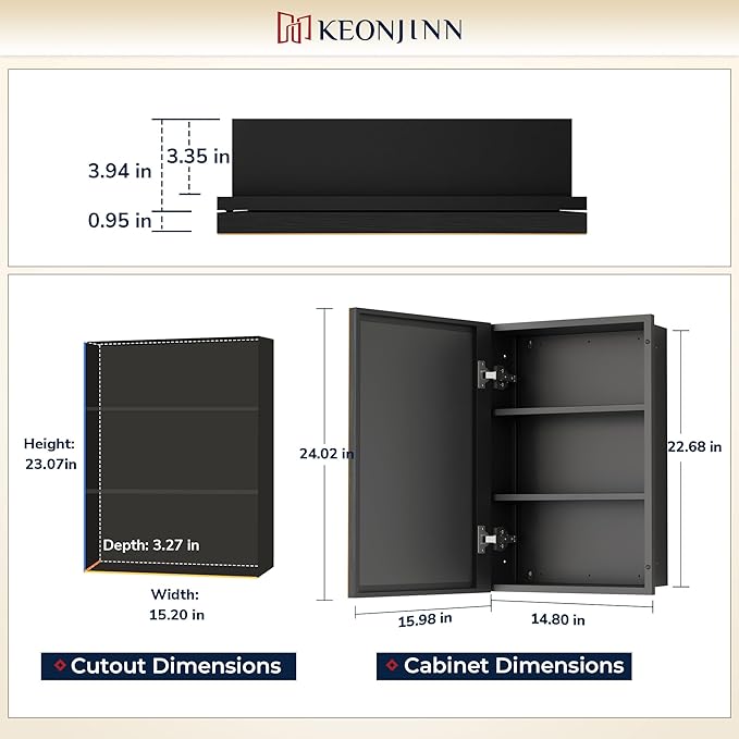 Keonjinn 16" x 24" Medicine Cabinets with Mirror for Bathroom, Oil Rubbed Bronze Recessed or Surface Wall-Mounted Aluminum Alloy Framed Beveled Mirror, Farmhouse Bathroom Mirror with Storage Cabinet