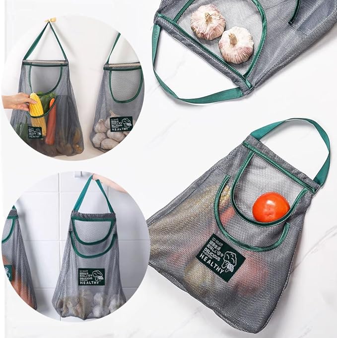 2 Pack Hanging Mesh Storage Bags (Single + Dual Pocket) Reusable Hanging Mesh Storage Produce Bags for Kitchen Storage Fruits, Onion, Garlic & Vegetables, Breathable Shopping Handbag