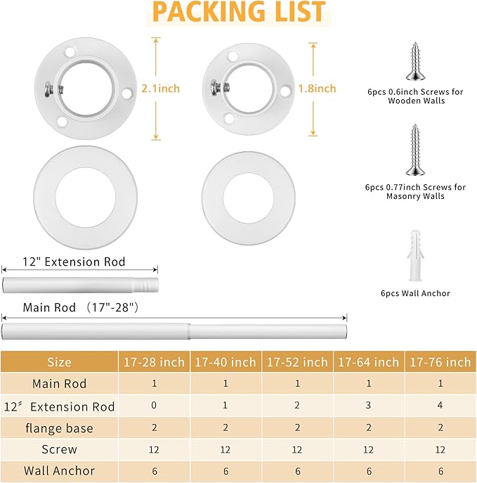 Closet Rods For Hanging Clothes, 17-52 Inch Adjustable Closet Rod, Stainless Steel Heavy Duty Closet Hanging Rod-White
