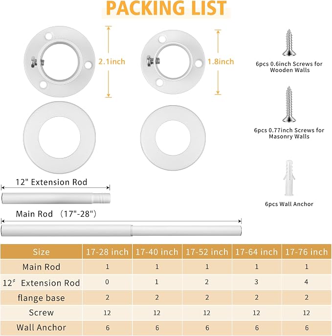 Closet Rods For Hanging Clothes, 17-64 Inch Adjustable Closet Rod, Stainless Steel Heavy Duty Closet Hanging Rod-White