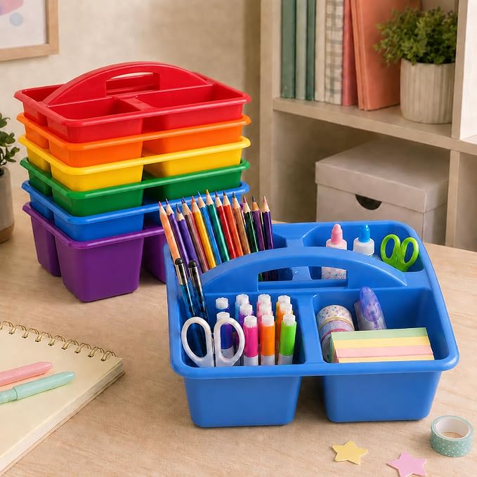 gisgfim 6 Pack Plastic Classroom Caddy with 4-Compartments Plastic Storage Caddies with Handle 4 Compartments Table Caddy Organizer Versatile Table Caddies for Classroom Office, Rainbow Color