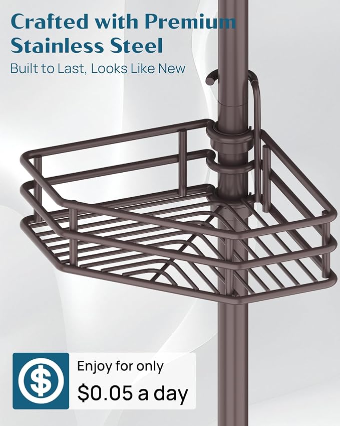 SEIRIONE Corner Shower Caddy Tension Pole, Quick Setup, Rust-Free Bathroom Shower Organizer Corner for Bathtub Shampoo Storage, 4-Tier Adjustable Shelf, Drill Free, Fits 34 to 116 Inch Height, Bronze