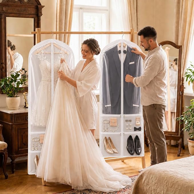 Tranqun 2 Pack 65" Long Wedding Garment Bags for Gowns 4" Gusseted Clear Dress Travel Bag for Hanging Clothes Foldable Wedding Dress Cover with 4 Zipper Pockets for Closet Storage and Travel (White)