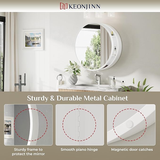 Keonjinn 20 Inch Round Medicine Cabinet with Mirror, White Surface Mount Only Mirror Medicine Cabinet, Modern Medicine Cabinets with Mirror, Metal Framed Bathroom Vanity Mirror with Storage