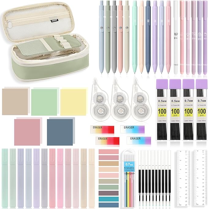 MoKo 60Pcs Aesthetic School Supplies with Cute Pencil Case (Green), 12 Pastel Highlighters, 5 Black Ink Gel Pens, 6 Mechanical Pencil Set 0.5 & 0.7 mm for Students Stationary College Essentials