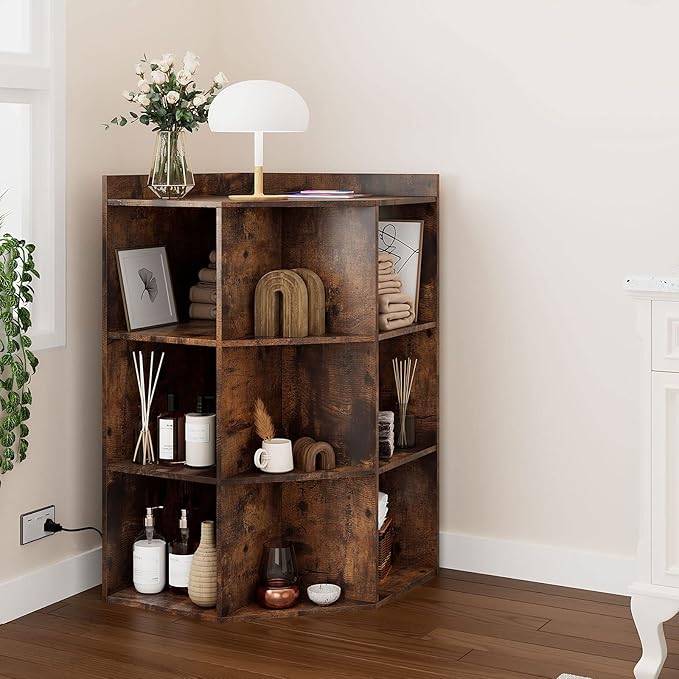HedoAjim Corner Cabinet, Corner Storage Shelf with USB Ports and Outlets Industrial Organizer for Small Space Wooden 9-Cubby Bookshelf for Study, Playroom, Living Room (Rustic)