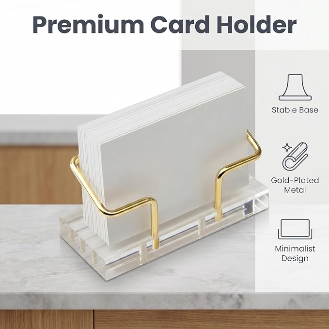 Desktop Business Card Holder, Clear Transparent Base with Gold Plated Metal Stand, Non-slip Business Cards Display Organizer for Office Reception Desk Workspace Clear