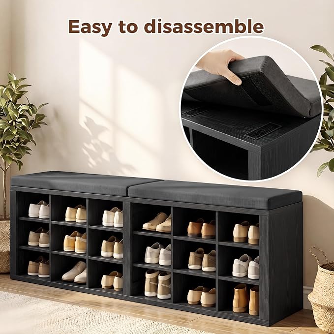 Shoe Rack Bench, Shoe Storage Bench with Cushion, Shoe Organizer 18 Cubbies for Entryway Hallway Bedroom Living Room, Holds Up to 400lbs