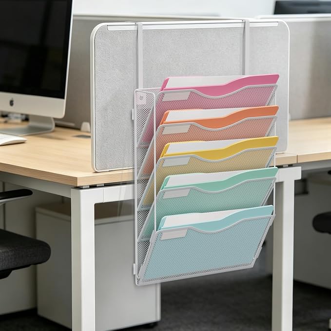 BOHDK Wall File Organizer, Hanging File Folder Organizer, Vertical Mesh Metal Door/Wall Mount Hanging File Holder. Paper Document Magazine Rack with Hooks for Home Office Black (5 Pockets White)