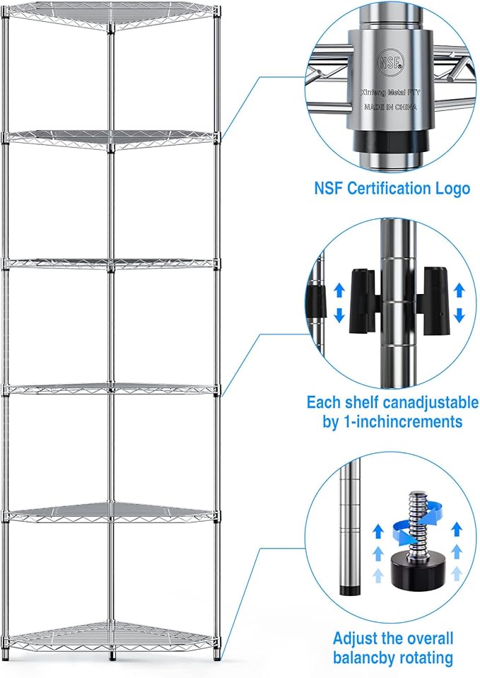 6-Tier NSF Metal Corner Shelf Wire Shelving Unit - 600lbs Capacity, Adjustable, with leveling feet & Shelf Liners - Ideal for Garage, Kitchen - 20" L x 20" D x 72" H - Pentagonal-Shape - Chrome