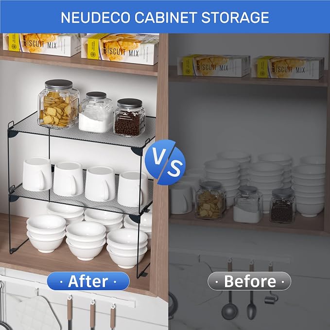 Neudeco Shelf Organizer, Gray, 2 Pack | Stackable, For Kitchen, For Closet, For Bathroom, Cabinet Shelves