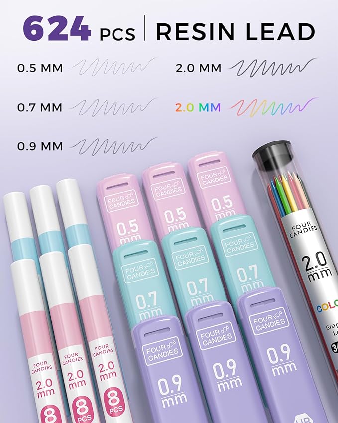 Four Candies 36PCS Aesthetic School Supplies, Mechanical Pencils 0.5mm, 0.7mm, 0.9mm & 2.0mm with 624PCS Lead Refills, Cute Mechanical Pencils for Writing, Drawing & Drafting (Pink)