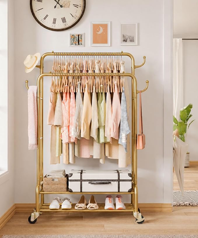 Homde Sturdy Garment Rack for Bedroom: 265 lbs Heavy Duty Clothes Organizer | 2 Hanging Rods Hold Coat to T-Shirt - Easy Roll & Park on Wheels - Metal Frame Stays Solid & Stable at Full Load