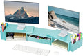 Spacrea Metal Desk Organizers and Accessories, Dual Monitor Stand Riser with Drawer and 2 Pen Holders, Desk Accessories & Workspace Desktop Organizers for Office Supplies (Blue)