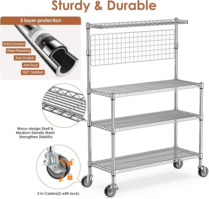 Bakers Rack with Storage & Wheels, 42In Microwave Stand Kitchen Shelves | 4-Tier Heavy Duty Storage Rack with 20 S-Hooks, Commercial Metal Utility Kitchen Cart, 42× 18× 63 Inch, Chrome