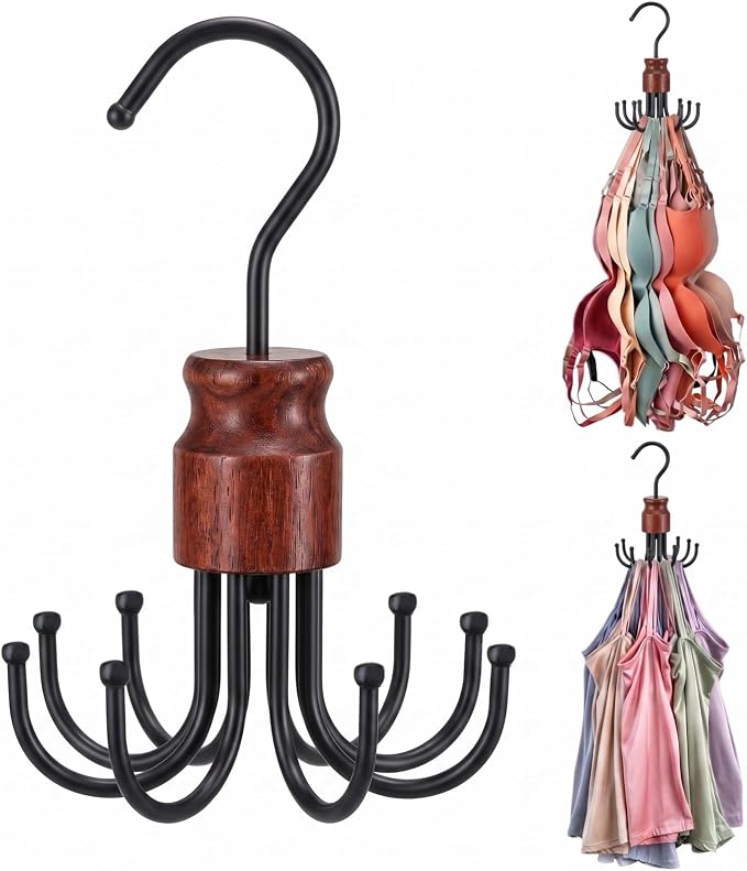Bra Hanger for Closet Organizer, Space Saving Wooden Tank Top Hangers with 8 Foldable Hooks & Holds 24 Items, 360° Rotating Storage for Bras, Scarves, Belts, Ties and More