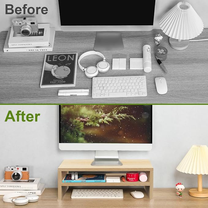 TEAMIX 2 Tiers Desktop Monitor Stand Riser 20 Inch Printer Stand with Storage Small TV Riser Laptop Wooden Desk Organizer Shelf Bookshelf Maple (Natural Maple, 2 Tiers) | Laptop/PC/Printer/Keyboard Storage, Ergonomic Design, 15mm thick Sturdy Wood Boar...