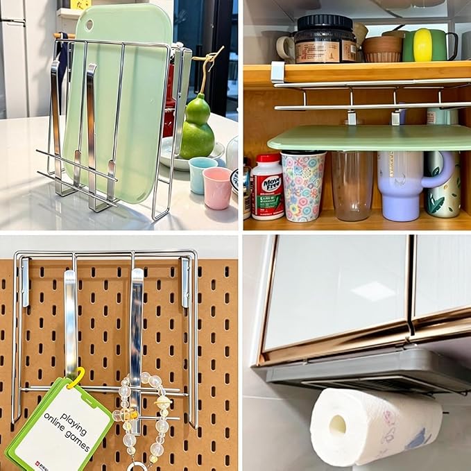 Under Cabinet Cutting Board Organizer, Stainless Steel 2 in1 Pot Lid & Chopping Board Rack, Cutting Board Storage, Kitchen Pot Lid Holder, Under Cabinet Shelf for Home Kitchen Utensils, Paper Towel