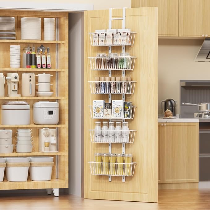 6 Tier Over the Door Pantry Organizer, Over the Door Spice Rack with Adjustable Baskets, Metal Hanging Door Pantry Organizers and Storage for Kitchen Bathroom Bedroom, White