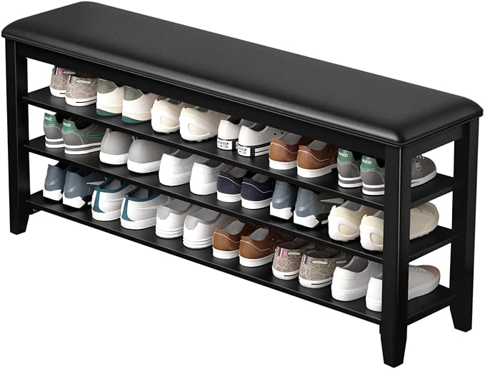 Taitiy Shoe Rack Bench Entryway Storage, Shoe Organizer Bench for Entryway, Ideal for Front Doors Entrances Hallway Mudroom Featuring Rubberwood and 3 Height-Adjustable Removable Shelve