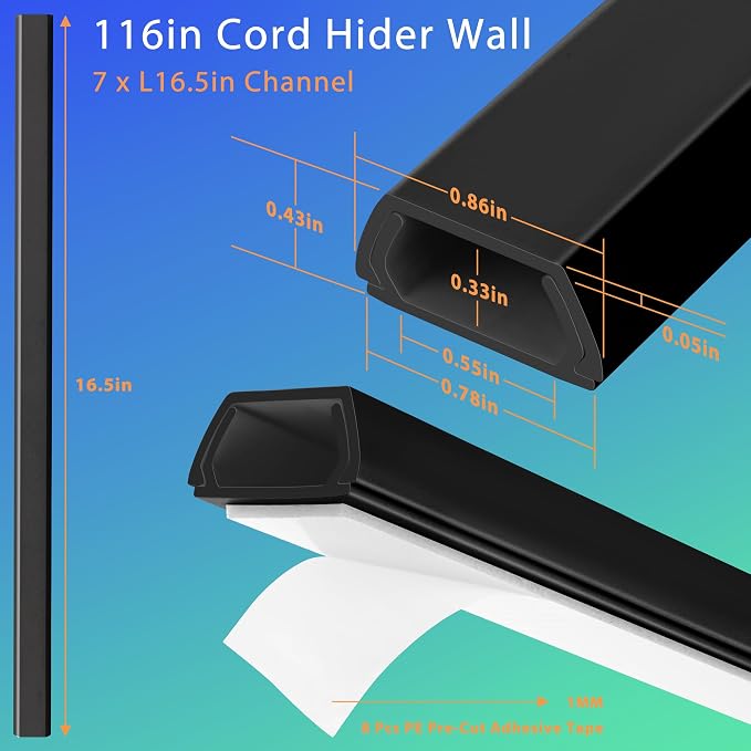 116in Wall Cable Hider Kit, Cord Organizer Hide 1-2 Cords Wall Mounted TV | YCLYC TV Wire Hider for Wall, Paintable Cord Hider Wall, Wire Cover for Wall, Cord Concealer 7X L16in W0.86in H0.43in, Black
