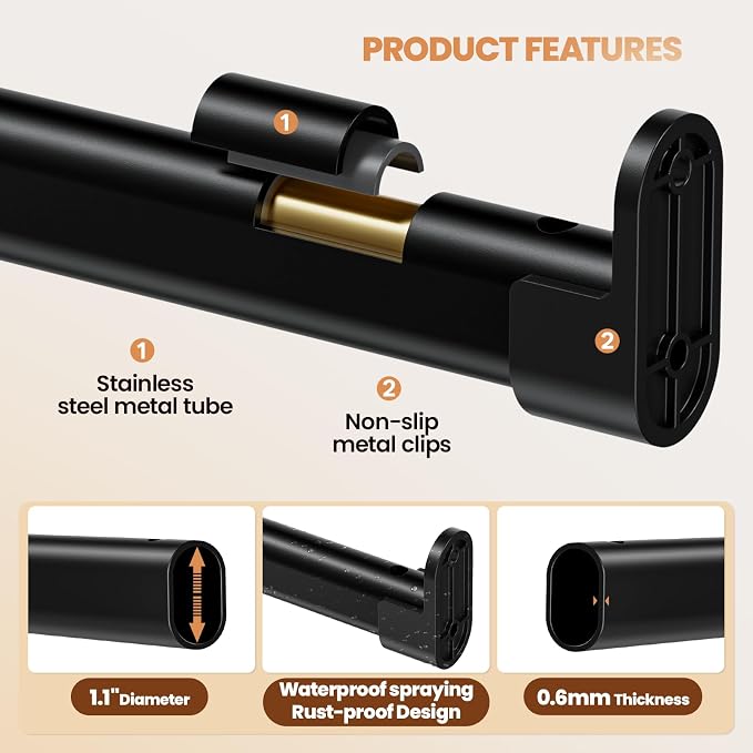 Mavivegue Oval Closet Rod, Adjustable Closet Rods – Expandable 17-40 Inches | Closet Rods for Hanging Clothes, Heavy Duty Closet Rods for Laundry Room, RV, Closet Storage (Black)
