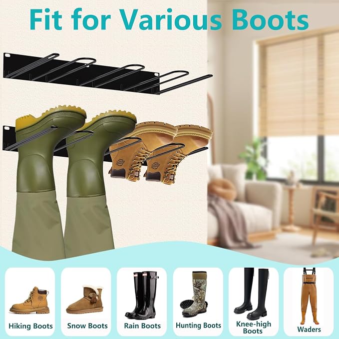 Boot Rack: Boot Hangers Wall Mount Holds 4 Pairs - Metal Wader Hangers Boots Storage Organizer Tall Boots Holder for Cowboy Garage Storage Closet Entryway Outdoor Drying, Black