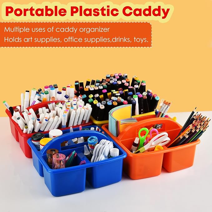 ALINK Plastic Classroom Caddy Organizer with Handle, 6-Pack 4 Compartments | Teacher Supply Storage Caddy for Classroom Organization, Table, Desk, Office, Craft Art for Kids - Assorted Colors
