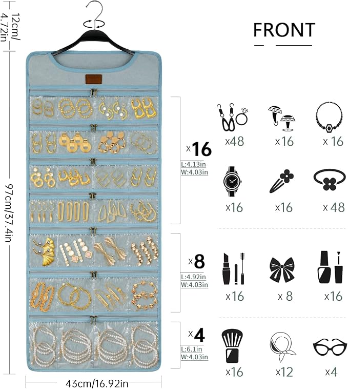 SMRITI Hanging Jewelry Organizer with Dual Zippered Pockets Canvas Double Sided Rotating Hanger Necklace Hanging Wall Organizer Earring Dustproof Holder Wall Mount Accessories Display Bag(Light Blue)