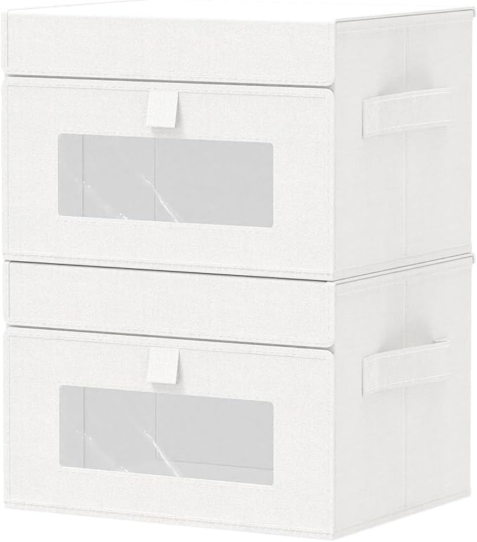 Storage Bins with Lids, Cube Organizer Basket with Window, Closet Boxes with Carrying 2 Handles and Sturdy PP Support Plate, 2 Pack, White, 10.2 x 7.9 x 6.7 In, XSNY17WS-2