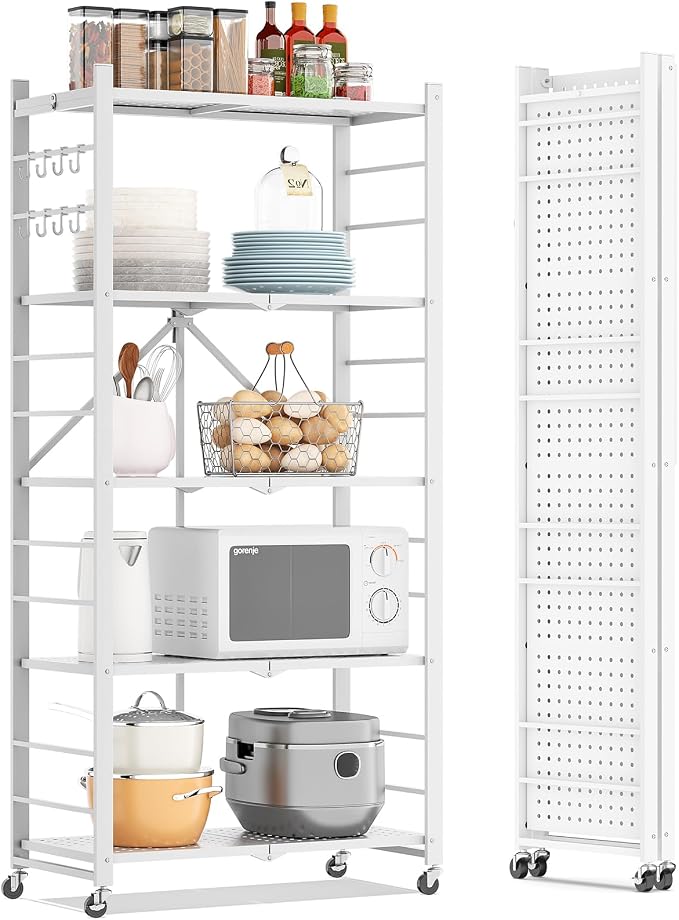 Fenbeli 5 Tier Folding Storage Shelf with Wheels – Heavy Duty Metal Organizer Rack, No Assembly Collapsible Utility Shelving Unit for Garage, Kitchen, Pantry, Basement, Office (White-A, 5 Tier)