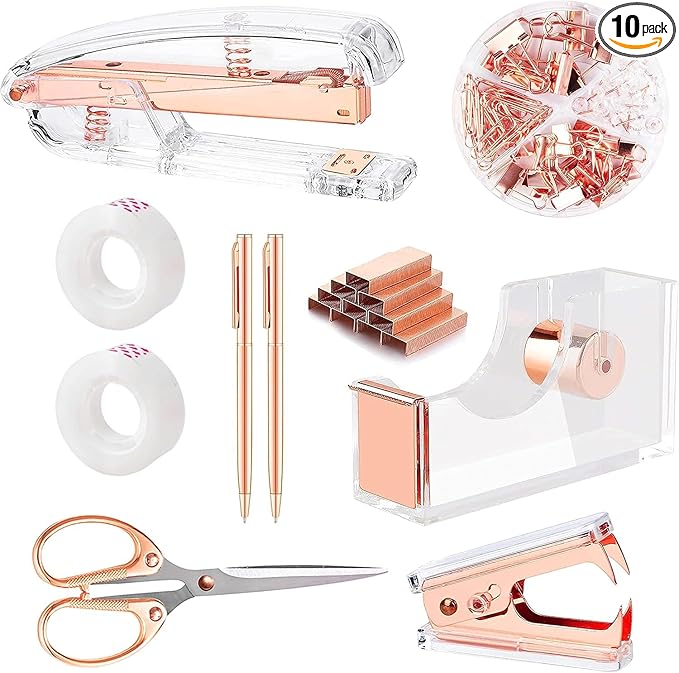 suniya Office Supplies,Desk Accessories,with Stapler,Tape Dispenser,Staple Remover,Scissor,Ballpoint Pen,Clear Tape,Staples,Binder,Best Gift Set(Rose Gold)