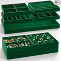 Cinnvoice Set of 10 Stackable Jewelry Organizer Trays for Drawer 14 Inch Velvet Jewelry Drawer Insert Display Storage with Removable Divider for Necklace Earring Ring Watch Bracelet (Dark Green)