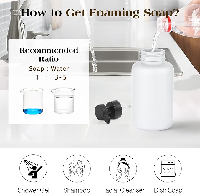 Luxspire Foaming Soap Dispenser, Glass Foam Pump Soap Dispenser, Non-Slip Hand Soap Bottle with 5 Waterproof Labels, 15 Oz Refillable Liquid Soap Bottle for Bathroom & Kitchen, White, 1 Pack