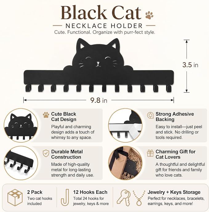 Hicarer 2 Pack Black Cat Necklace Organizer Wall Mount Holder with 24 Hooks Adhesive Metal Jewelry Hanger Cat Lover Gifts for Women Halloween Christmas Home Decor for Earrings Bracelets Rings Keys