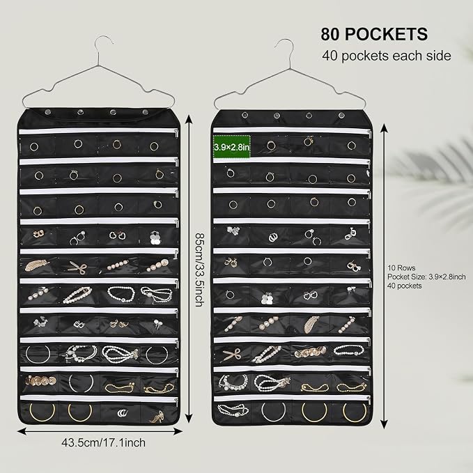 Hanging Jewelry Organizer Storage Roll 80 Zippered Pockets with Detachable Hanger Double-Sided Foldable, Travel Jewelry Holder for Earrings, Rings, Bracelets, Hanging on Closet, Wall, Door, Black