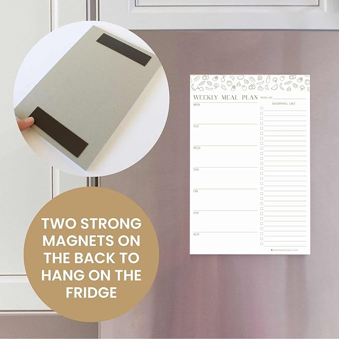 bloom daily planners Weekly Meal Planning Pad - Magnetic Hanging Refrigerator Menu Planner with Tear-Off Sheets & Perforated Grocery Shopping Lists - 6” x 9” - Modern Gold