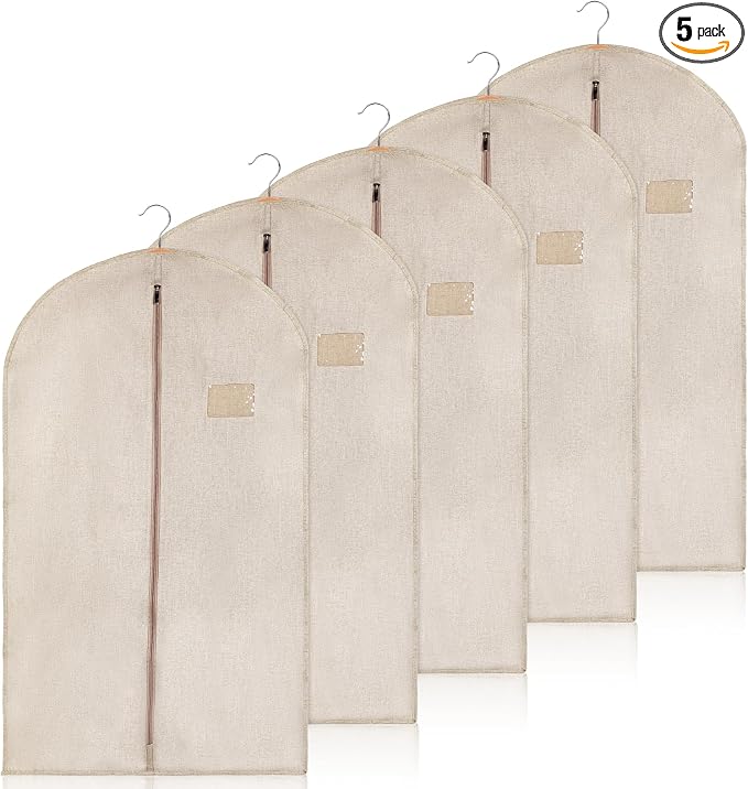 5 Packs Cotton Garment Bag for Hanging Clothes, 40" Breathable Hanging Suit Cover, Linen Garment Bags for Clothes Coats, Leather Jackets, Sweaters and Closet Storage