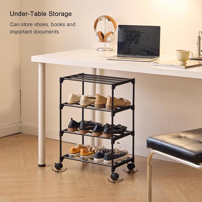 5-Tier Small Shoe Rack with Wheels, Slide-Out Metal Shoe Racks Storage, Anti-Rust Coating, Stackable Design - 16.9W for Entryway, Kitchen, Living Room & Office - Black