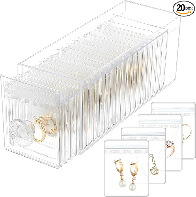 HOMEHIVE Clear Acrylic Jewelry Organizer Box with 20 Portable Pouches, Jewelry Storage Case for Women Girls, Tangle-Free, Anti-Tarnish, Compact Storage for Necklaces/Earrings/Rings, Upgraded Clear