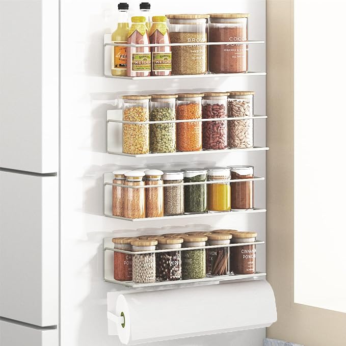 Magnetic Spice Rack For Refrigerator, Space Saving Magnetic Shelf For Fridge White 4 Pack With Magnetic Paper Towel Holder
