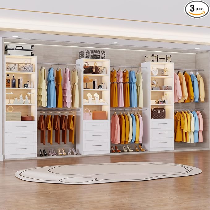 Closet System with 9 Drawers, 8FT-20FT Custom Closet Organizer System Modular Walk in Closet Storage Wooden System with 12 Expandable Hanging Rods Adjustable Shelves 3 Sets White(8FT-20FT)