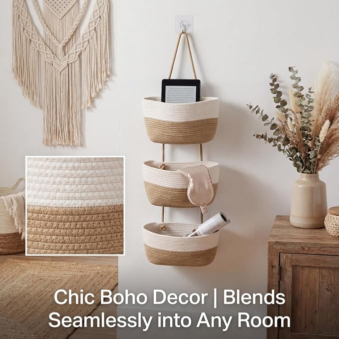 Hanging Basket, Woven 3 Tier Over Door Basket with 4 Hooks | Hanging Storage Basket for Door, Wall, Nursery, Bathroom, Bedroom, Decorative Over Door Basket Organizer for Stuffed Animals