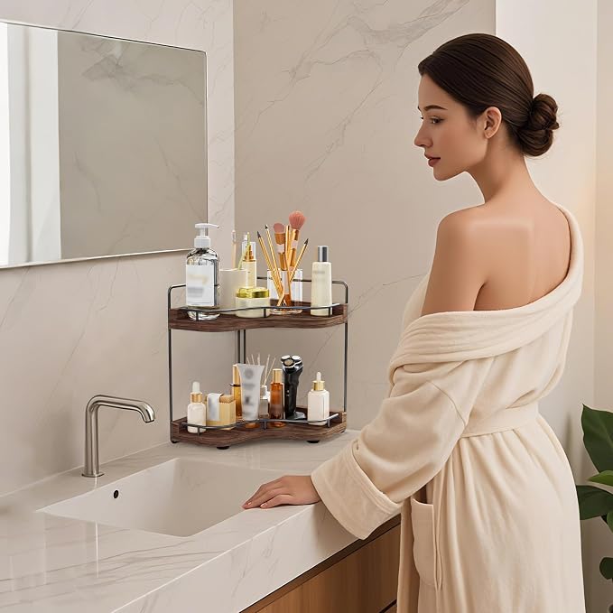 2-Tier Corner Bathroom Counter Organizer for Storage, Dark Brown | Solid Wood, Larger Size, Embedded Screw Holes, sink and Vanity Countertop Organizer for Perfume, Skincare & Makeup Storage