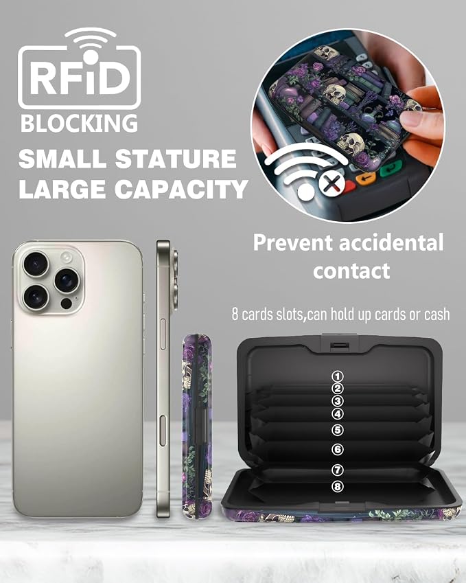 Maicican Credit Card Holder, Mini RFID Blocking Aluminum Wallet | Slim Metal Hard Case Travel Wallet ID Case for Women and Men, 4.3 x 2.9 Inches, Purple Flowers and Skulls