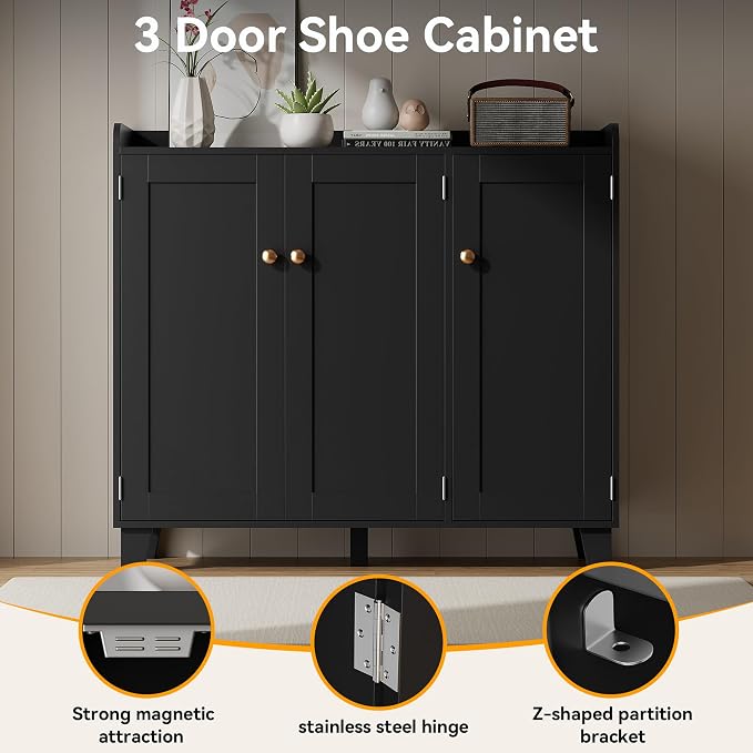 Shoe Storage Cabinet with 3 Doors and Adjustable Shelves，40 Inch Tall Farmhouse Flat-Shelf Wooden Shoe Cabinet，Shoe Rack Shoe Organizer Cabinet for Hallway Entryway Living Room （Black）