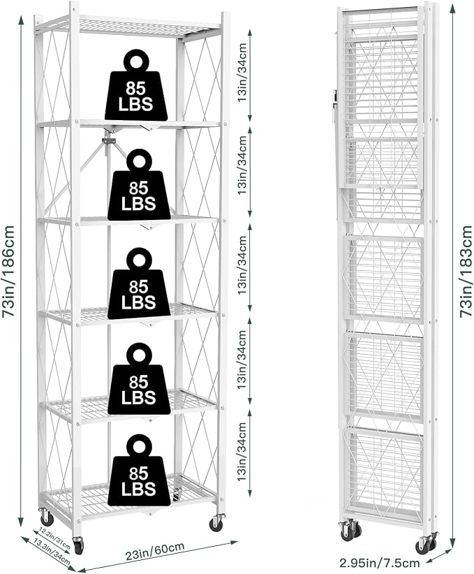 6 Tier Foldable Storage Shelves with Wheels -No Assembly Metal Folding Shelves Collapsible Shelving Unit Display Heavy Duty Rolling Shelf for Home Kitchen Office Room (White, 73" x 14" x 23")