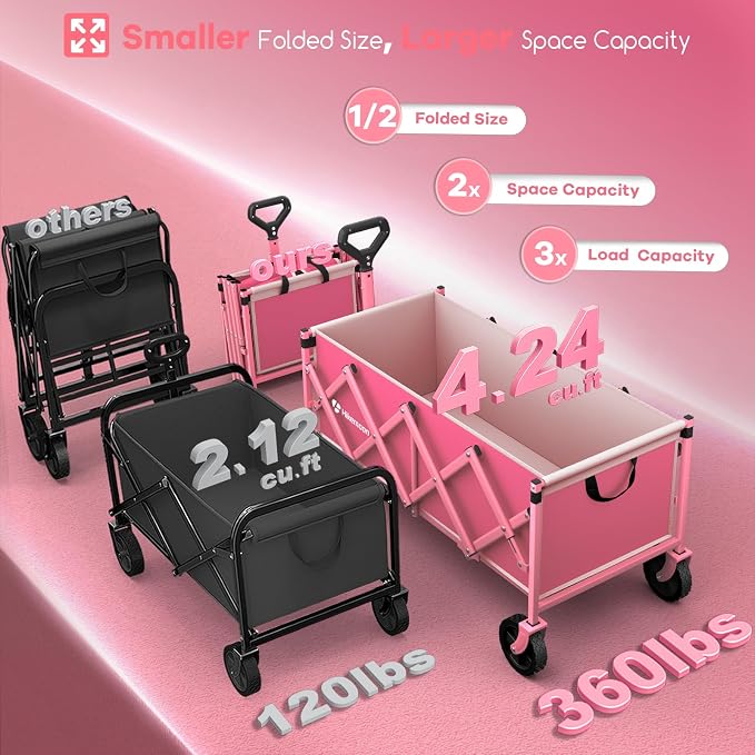 Hikemoon 34'' Extra Long Collapsible Wagons Carts Foldable, 360LBS Heavy Duty Folding Beach Wagon Cart with Wheels, Portable Utility Outdoor Wagon for Grocery, Shopping, Garden, Sports, Camping, Pink