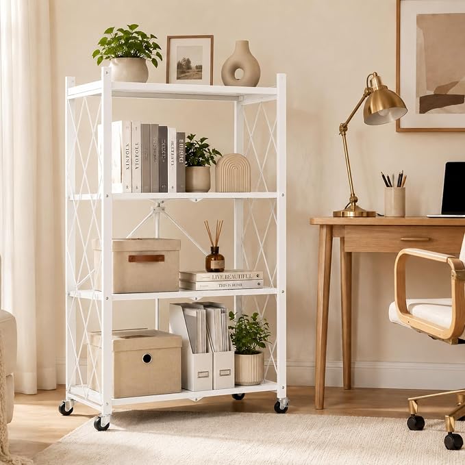 4 Tier Foldable Storage Shelves on Wheels, Heavy Duty Metal Shelving Unit, No Assembly Required for Kitchen, Garage, Pantry, Basement, Bookshelf, White